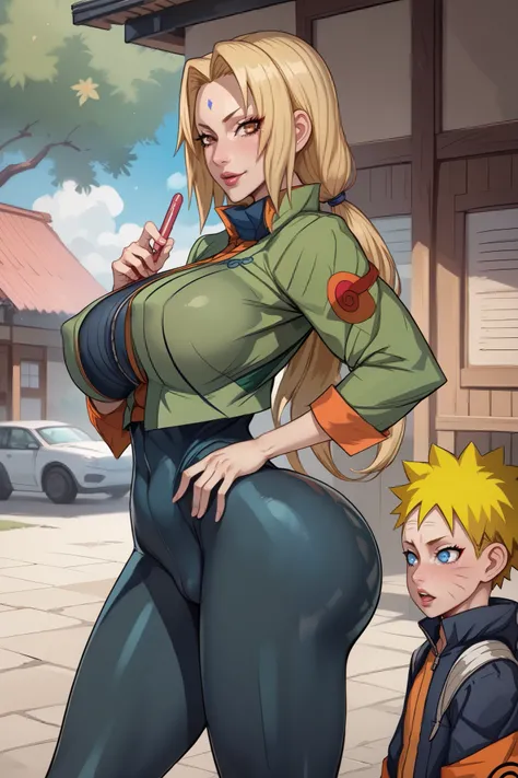 Tsunade (Naruto) , blonde haired female , long hair , brown eyes , massive tits , big ass , bodysuit , Naruto uzumaki (Naruto) , yellow haired shota , shota male , white skinned male , dick bulge visible through pants , shota standing next to female 