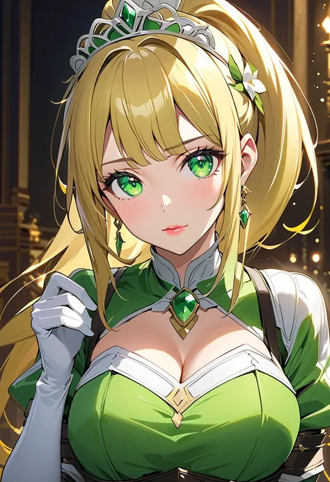 ((masterpiece)), Highest quality, Very detailed,(One Girl),Kirigaya Naoha, Long Hair, Blonde, Hair accessories, Green Eyes, ponytail, Hair Tube, dress, green dress, gloves, [Bare shoulders, jewelry, Cleavage, Princess, elbow gloves,Tiara,brooch,white glove...