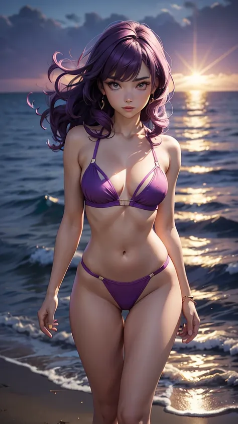 (masterpiece), (best quality), (detailed), light layer, 1solo girl, young girl, perfect body, purple hair in curls, defined large chest, small waist,defined collarbone, ultra realistic, photorealistic, detailed, ,Enhance, wearing a pink anime shirt and blu...