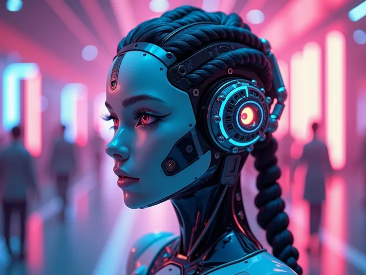 Futuristic robot girl , Greek robotic face, braided hair simulating headphones, ring mechanism on the head,  medium front plane ,  fuchsia and blue disco background, Dim bright lights.