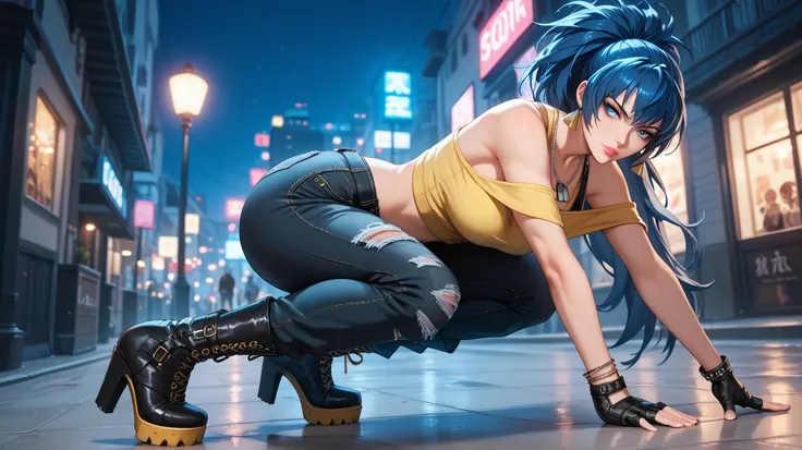 Sexy leona heidern,  blue eyes,  long hair,  dark blue hair,  triangle earrings, dog tags,  wearing a mustard yellow off-shoulder blouse,  black denim pants,  high heel boots, pocket chain , bracelets on the hands ,  fingerless gloves , pink lips,  of foot...