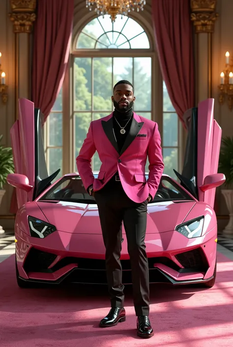  face, 20 year old black boy, In a beautiful castle ,   with beautiful trees outside,   and an open sports car  .   in all pink and black  , swag,  luxury drip  , , luxurious lifestyle.  cool black boy 