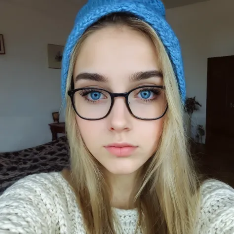 Beautiful nerdy woman, rubia eyes azules hermosa, eyes, European race, Of the white sweater of the hat,  19 year old girl,  sad, selfie