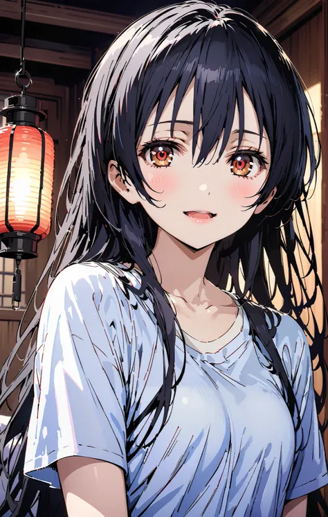   Sonoda Umi  ,  long hair, bangs,  hair between eyes,  brown eyes, smile,sleepy, open the mouth, Lantern,hair straightener,Un blouse,  loose t-shirt , one shoulder, Long Sleeve,Black string underwear ,Bare legs, bed with my thighs, beautiful scenery, resi...