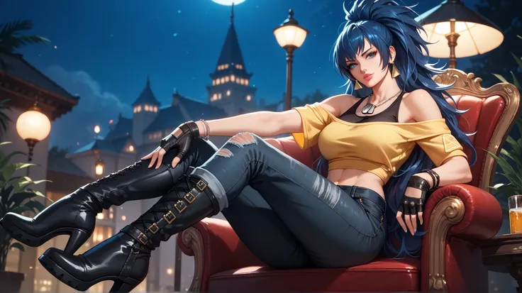 Sexy leona heidern,  blue eyes,  long hair,  dark blue hair,  triangle earrings, dog tags,  wearing a mustard yellow off-shoulder blouse,  black denim pants,  high heel boots, pocket chain , bracelets on the hands ,  fingerless gloves , pink lips,  sitting...