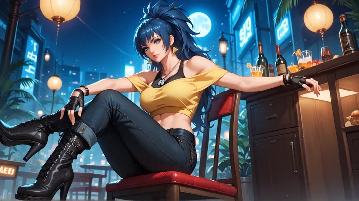 Sexy leona heidern,  blue eyes,  long hair,  dark blue hair,  triangle earrings, dog tags,  wearing a mustard yellow off-shoulder blouse,  black denim pants,  high heel boots, pocket chain , bracelets on the hands ,  fingerless gloves , pink lips,  sitting...