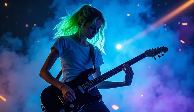 A young woman with neon green and blue hair plays an electric guitar, surrounded by swirling cosmic energy. She wears a simple white t-shirt, and her black guitar shines under ethereal light. The background is a deep, dark space with glowing nebula-like sm...