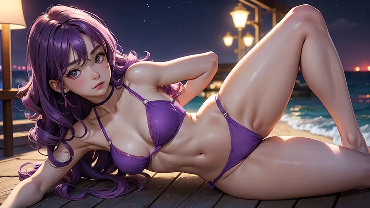 (masterpiece), (best quality), (detailed), light layer, 1solo girl, young girl, perfect body, purple hair in curls, defined large chest, small waist,defined collarbone, ultra realistic, photorealistic, detailed, ,Enhance, wearing a pink anime shirt and blu...