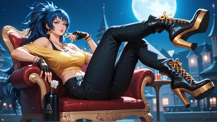 Sexy leona heidern,  blue eyes,  long hair,  dark blue hair,  triangle earrings, dog tags,  wearing a mustard yellow off-shoulder blouse,  black denim pants,  high heel boots, pocket chain , bracelets on the hands ,  fingerless gloves , pink lips,  sitting...