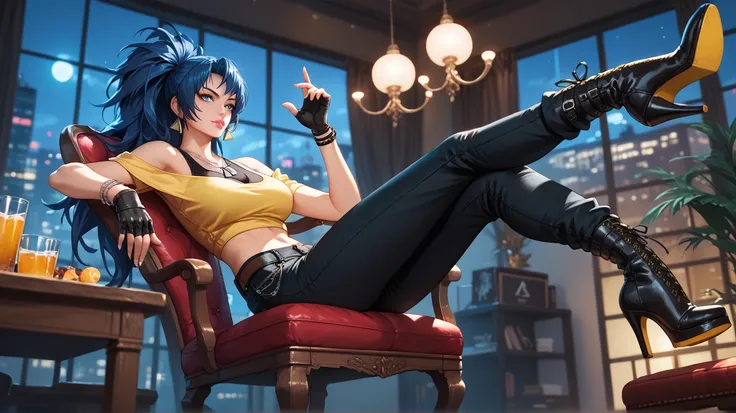 Sexy leona heidern,  blue eyes,  long hair,  dark blue hair,  triangle earrings, dog tags,  wearing a mustard yellow off-shoulder blouse,  black denim pants,  high heel boots, pocket chain , bracelets on the hands ,  fingerless gloves , pink lips,  sitting...