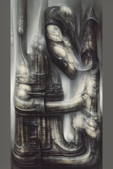 DARK BLACK COLORS, Giger_style, H. R. Giger's g1g3r, , Giger_style, The image is a detailed view of H.R. Giger's \" HRG Aleph \" plate, featuring ( image is a surreal and complex artwork featuring various human-like figures with skeletal features, intercon...