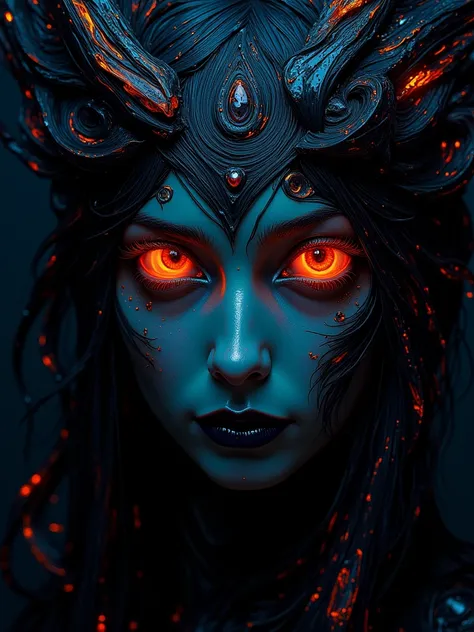 Highly detailed face close of a comic books style of a impressionist chiaroscuro on cinematics style, head of odd shape and multiple eyes, dark art, long hair, neon noir style, angelical, divine, celestial, big eyes, stunning background.