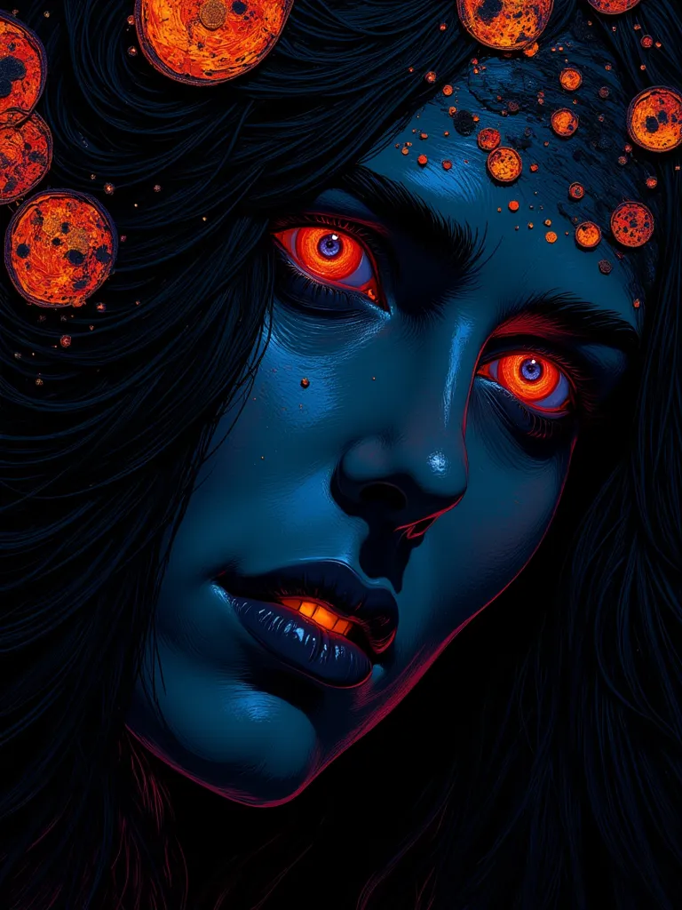 Highly detailed face close of a comic books style of a impressionist chiaroscuro on cinematics style, head of odd shape and multiple eyes, dark art, long hair, neon noir style, angelical, divine, celestial, big eyes, stunning background.