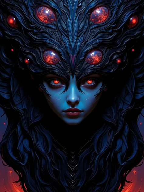 Highly detailed face close of a comic books style of a impressionist chiaroscuro on cinematics style, head of odd shape and multiple eyes, dark art, long hair, neon noir style, angelical, divine, celestial, big eyes, stunning background.