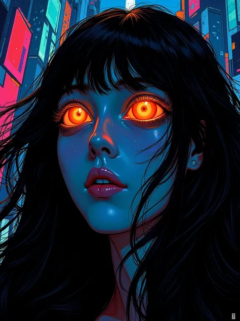 Highly detailed face close of a comic books style of a impressionist chiaroscuro on cinematics style, head of odd shape and multiple eyes, dark art, long hair, neon noir style, angelical, divine, celestial, big eyes, cityscape stunning background.