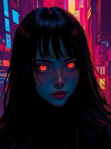 Highly detailed face close of a comic books style of a impressionist chiaroscuro on cinematics style, head of odd shape and multiple eyes, dark art, long hair, neon noir style, angelical, divine, celestial, big eyes, cityscape stunning background.