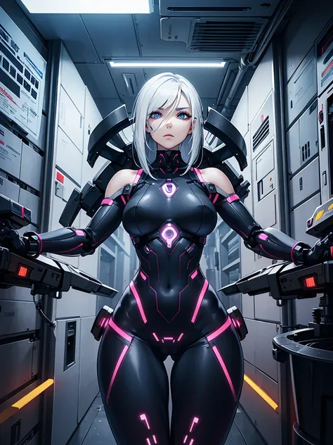  female cyborgs waiting to be mobilized、 completely naked、 big breasts、 Slim waist、Hair made of optical fiber 、 the prosthetic arm is being removed for maintenance、 The vagina has a power plug and is charging 、Big Breasts