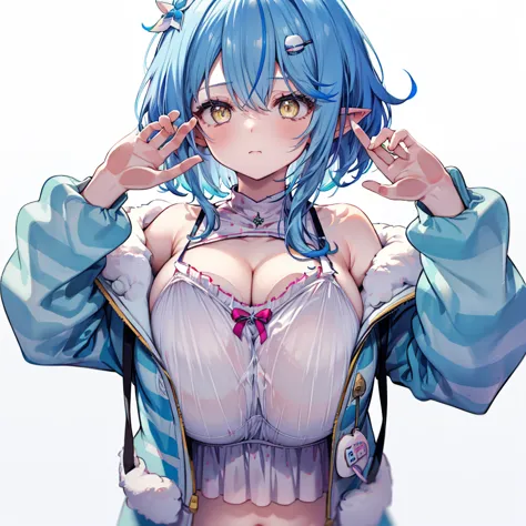 (Ultra-high resolution,masterpiece, Attention to detail, Highest quality), 8K,(eelamy, short hair, streaked hair, ahoge, hair ornament, cleavage, polka dot, White camisole, white skirt, off shoulder, blue jacket, striped jacket, open clothes, long sleeves,...