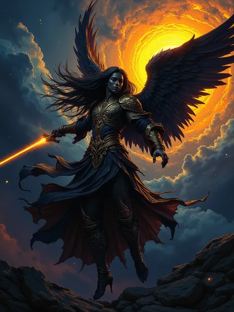 Highly detailed full body of a comic books style of a impressionist chiaroscuro on cinematics style, dreamlike, dark art, long hair, neon noir style, angelical, divine, sword of light and gold, celestial, big eyes, clouds stunning background.