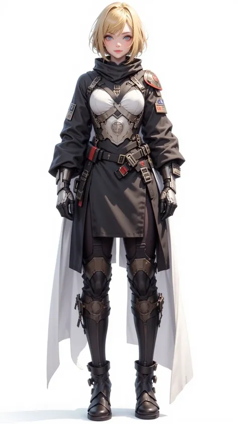  A stunning masterpiece ，High quality，Very aesthetic，Sgt Appears in the 3D Realistic Rendering Scene.Calhoun， A blonde with short hair blue eyes girl ， Armor 、Tights and boots 。 She stands confidently ， Double Handed Half-Waist ， Face with smile Direct vie...