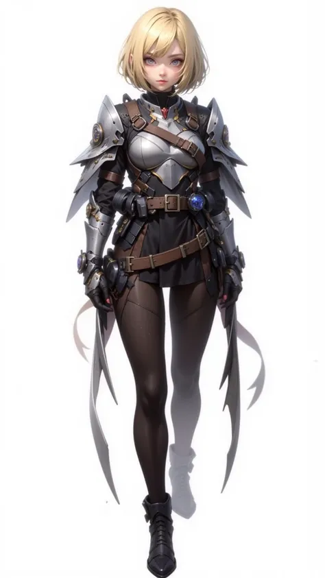  A stunning masterpiece ，High quality，Very aesthetic，Sgt Appears in the 3D Realistic Rendering Scene.Calhoun， A blonde with short hair blue eyes girl ， Armor 、Tights and boots 。 She stands confidently ， Double Handed Half-Waist ， Face with smile Direct vie...