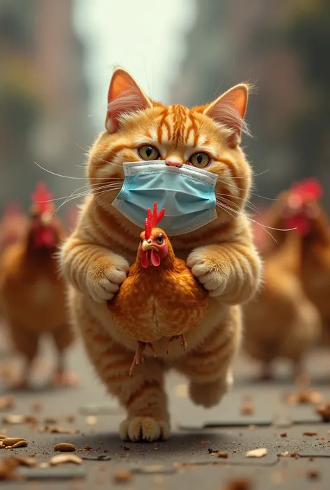 Claro, aqui está o seu texto em inglês:

**An ultra-realistic image of a fat, orange, and tabby cat wearing mask on its face. He is standing on his hind legs. He is running with an orange chicken in his front paws. He is moving away from many chickens arou...