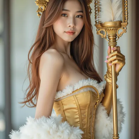 The young asian woman in the image radiates an irresistible charm, her face a perfect blend of innocence and seduction. Her sparkling eyes, lined with subtle eyeliner and long, curled lashes, draw attention effortlessly. A soft blush graces her cheeks, com...