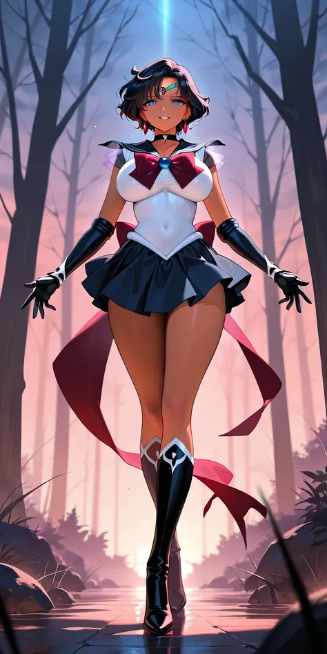 Masterpiece, elegant mature woman, evil mercury\(sailor mercury\), tall body, big breast, black sailor senshi uniform (black sailor senshi uniform skirt, black sailor senshi uniform gauntlets, black sailor senshi uniform high boots), full body, parted lips...