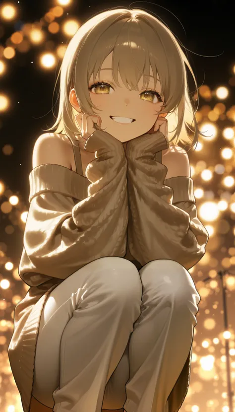 beige knitted off-shoulder dress、Girl squatting、 white pants、smiling、night、bokeh lights