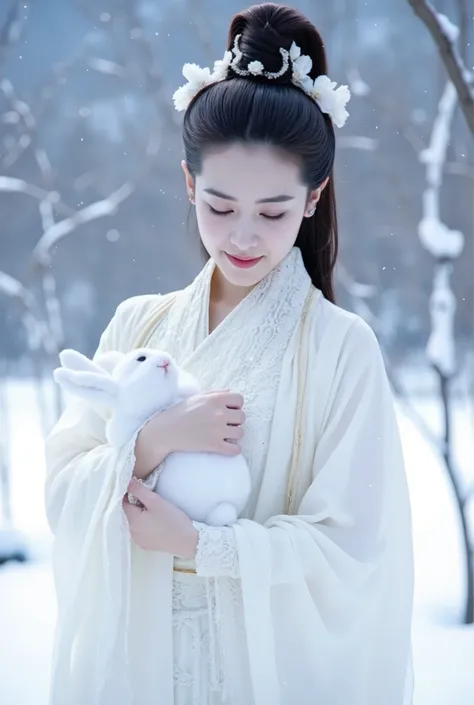This is a highly detailed, digitally enhanced photograph featuring a young woman with an ethereal, almost otherworldly appearance. She has fair skin and long, dark hair styled in an elaborate, high bun adorned with delicate, white floral ornaments. Her hai...