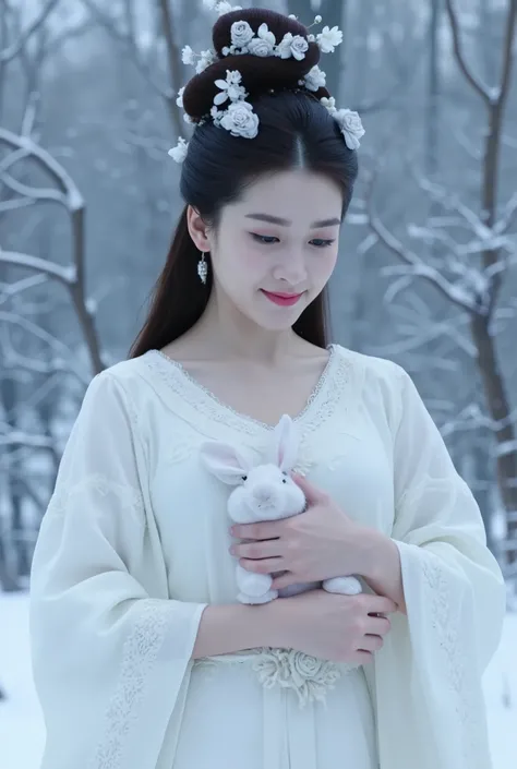 This is a highly detailed, digitally enhanced photograph featuring a young woman with an ethereal, almost otherworldly appearance. She has fair skin and long, dark hair styled in an elaborate, high bun adorned with delicate, white floral ornaments. Her hai...