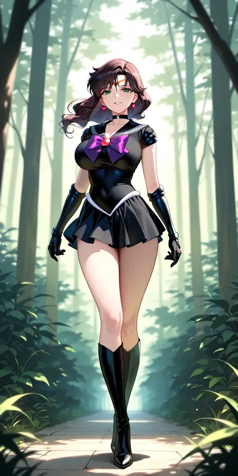 Masterpiece, elegant mature woman, evil jupiter\(sailor jupiter\), tall body, big breast, black sailor senshi uniform (black sailor senshi uniform skirt, black sailor senshi uniform gauntlets, black sailor senshi uniform high boots), full body, parted lips...