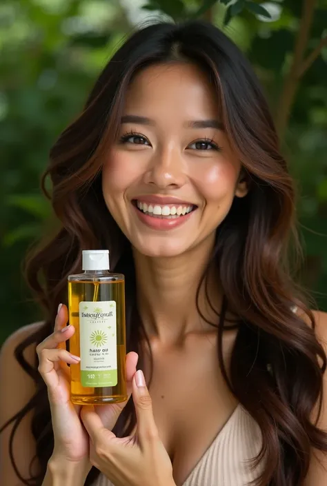 Malay look model  promoting hair oil by Backyard Ayurveda close shot can view the bottle brand