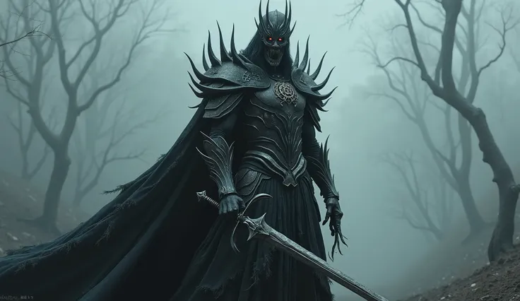 Create an ultra-realistic full-body image of the Witch-king of Angmar from The Lord of the Rings, capturing his terrifying and malevolent presence. He stands tall and imposing, his form draped in dark, foreboding armor that blends with the shadows. His fac...