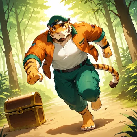 character focus, full body, looking away, dynamic angle, treasure hunter, a muscular middle-aged tiger man, costume clothes, adventure uniforms, hat, jacket, shirt, half pants, holding treasure chest, run away, running through a forest, dynamic pose, BREAK...