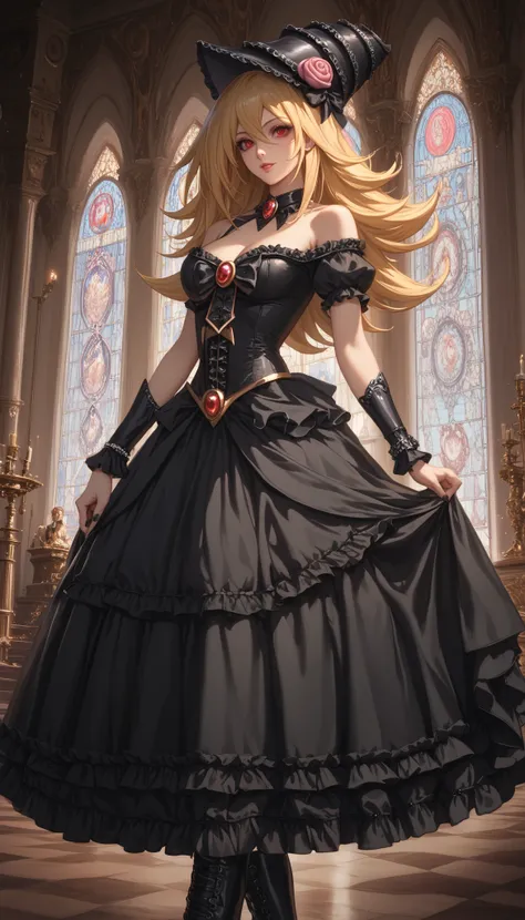 Gold Hair、Mature Woman、Dark Magician Girl、Red eyes、 Shiny Hair、Tight waist、Small waist、Glowing Skin、woman wearing dress and boots , baroque dress, wearing a detailed steampunk dress, elegant gothic princess, victorian gothic lolita fashion, historical baro...