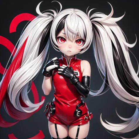 kcescortwater, white skin, twintails, red eyes, sleeveless, gloves, thighhighs, multicolored hair, white hair, black hair