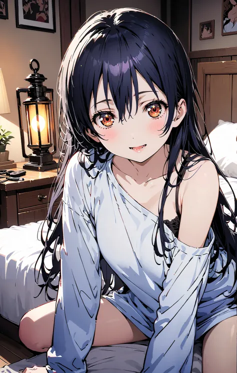   Sonoda Umi  ,  long hair, bangs,  hair between eyes,  brown eyes, smile,sleepy, open the mouth, Lantern,hair straightener,Un blouse,  loose t-shirt , one shoulder, Long Sleeve,Black string underwear ,Bare legs, bed with my thighs, beautiful scenery, resi...