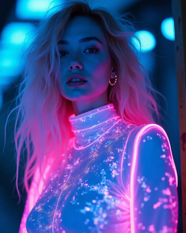 A mesmerizing, high-contrast photograph with a gritty, film-like quality, achieved through the use of negative infrared and cross-process techniques, resulting in an intense, neon-like glow. Ethereal glowing hair. The subject, a model, confidently with blu...