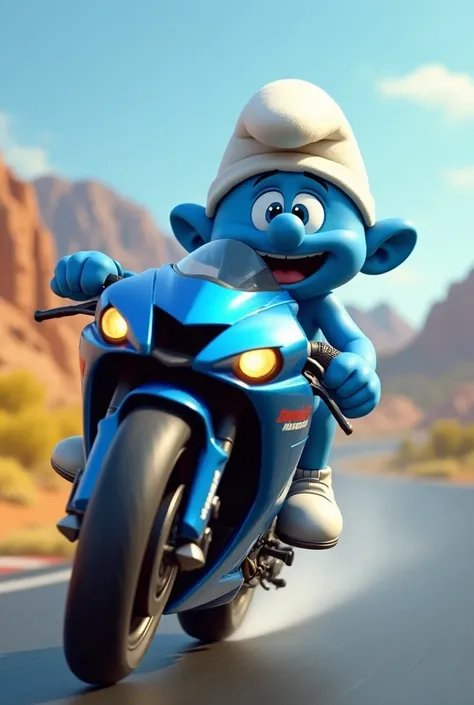 Smurf curving with Kawasaki motorcycle