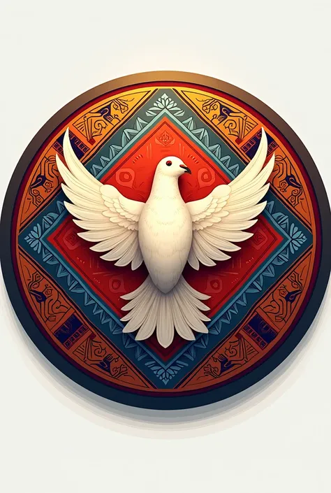 Round soccer shield with a dove and featuring Peruvians