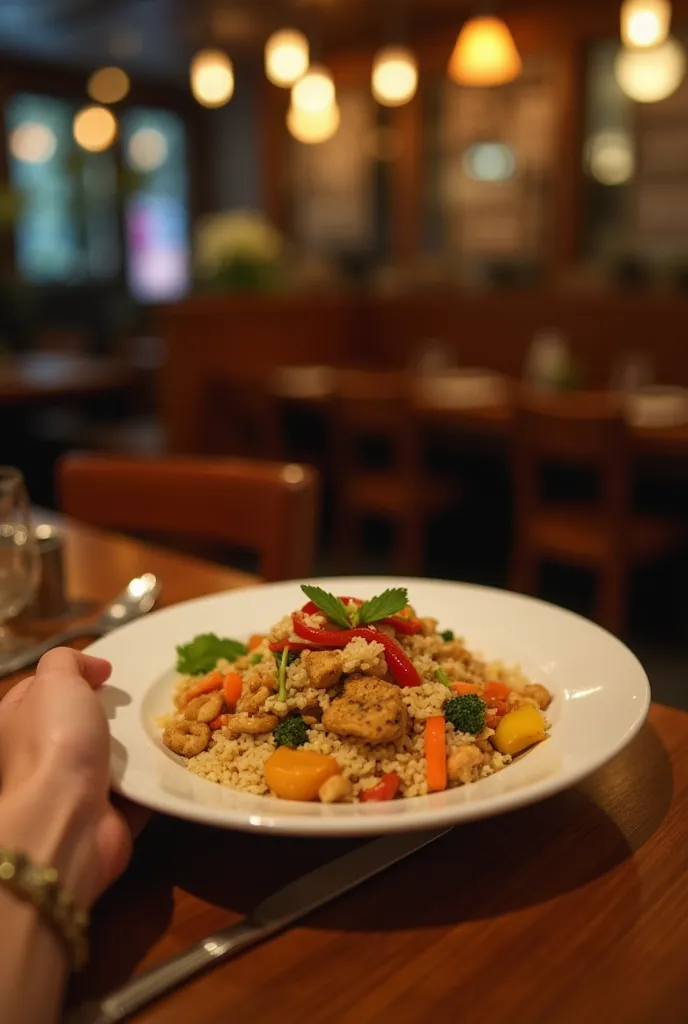 "A first-person perspective image showing the arm of a woman holding a plate of food in front of her at a restaurant table. The plate contains a delicious meal, with a variety of colorful vegetables, rice, and a protein (like chicken or fish). The backgrou...