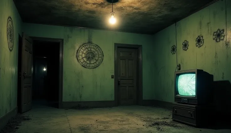 A decrepit, abandoned room with a single flickering bulb hanging from the ceiling. The walls are covered in strange symbols, and an old, broken TV sits in the corner, its screen cracked but still emitting a faint, static glow. The atmosphere is heavy with ...