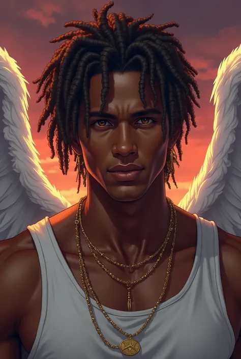  Realistic art,  Make a grown male character:  pele negra, braided curly hair with gold pendants,  brown eyes,  calm expression,  muscular, white angel wings,  white tank top, dark apocalyptic sky in shades of red and purple