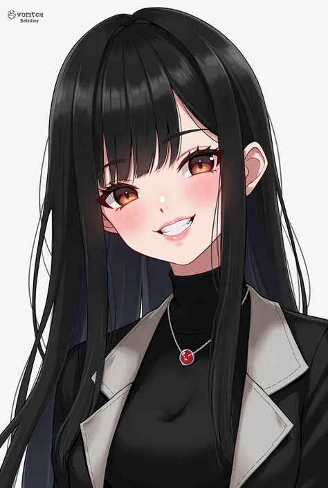 Garotar game, Black hair with Korean bangs,  smiling , black and white clothes 