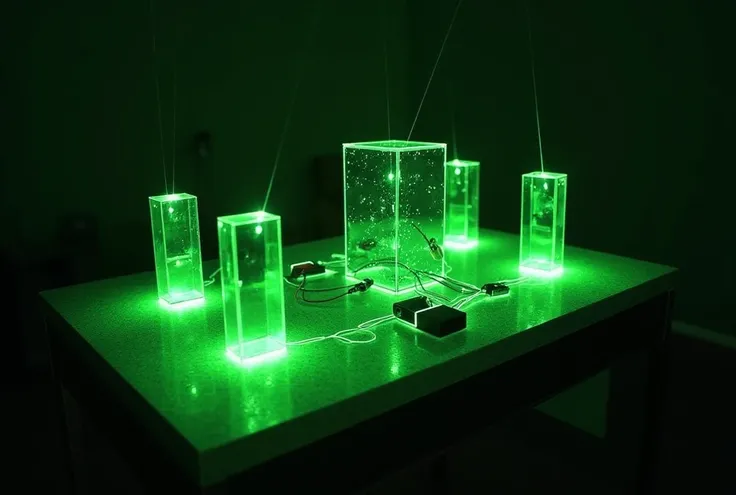 Green lasers, silver desk ; lasers reflect off transparent cubes, mirrors; darkness all around, in this installation, there are various small devices between the laser sections, everything happens on this matte silver table, the table is painted more black...