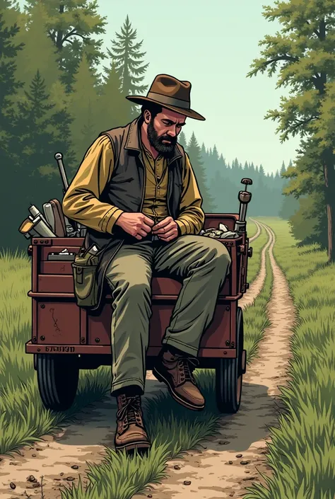  I need a comic book based on Chekhov's “Peresalil” here's what I need to portray Image:  A surveyor is sitting in a cart and “rummaging through his pockets” ,  seems to be looking for something . You can see a rural road ,  forest in the background.