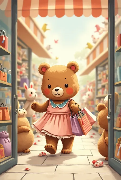 Kawai drawing of a bear in a dress goes to a store where there are other animals to do some shopping, And he comes out with several bags