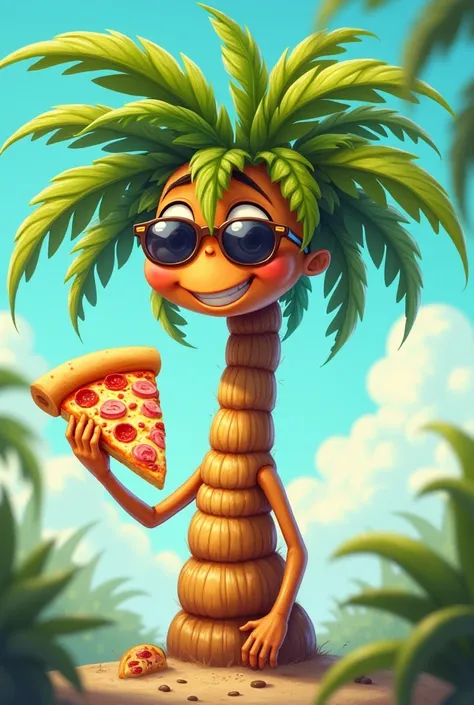 Make a palm tree lively with eyes and a smile eating a pizza only ham and cheese while wearing sunglasses