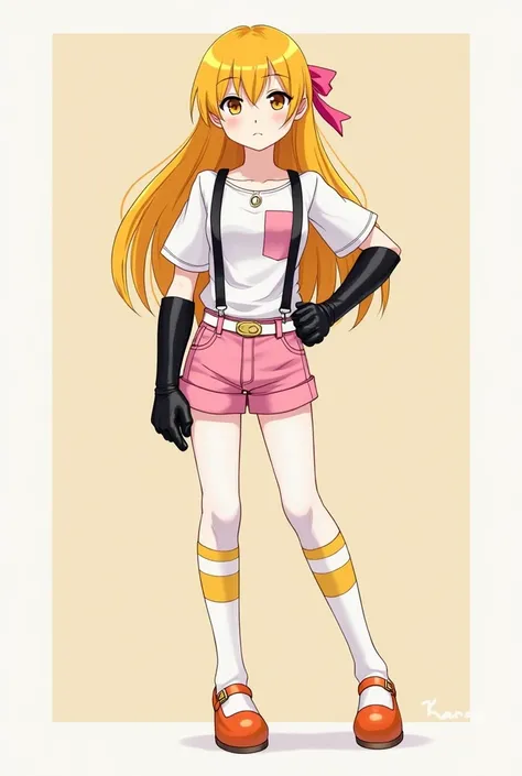  Generates a girl ,  front view,  stop,  long yellow hair , white blouse with black straps,  black leather gloves without fingers , right glove with a pink horizontal line, Ribbon like a pink ribbon on the chest,  short in pink denim, white leather belt wi...